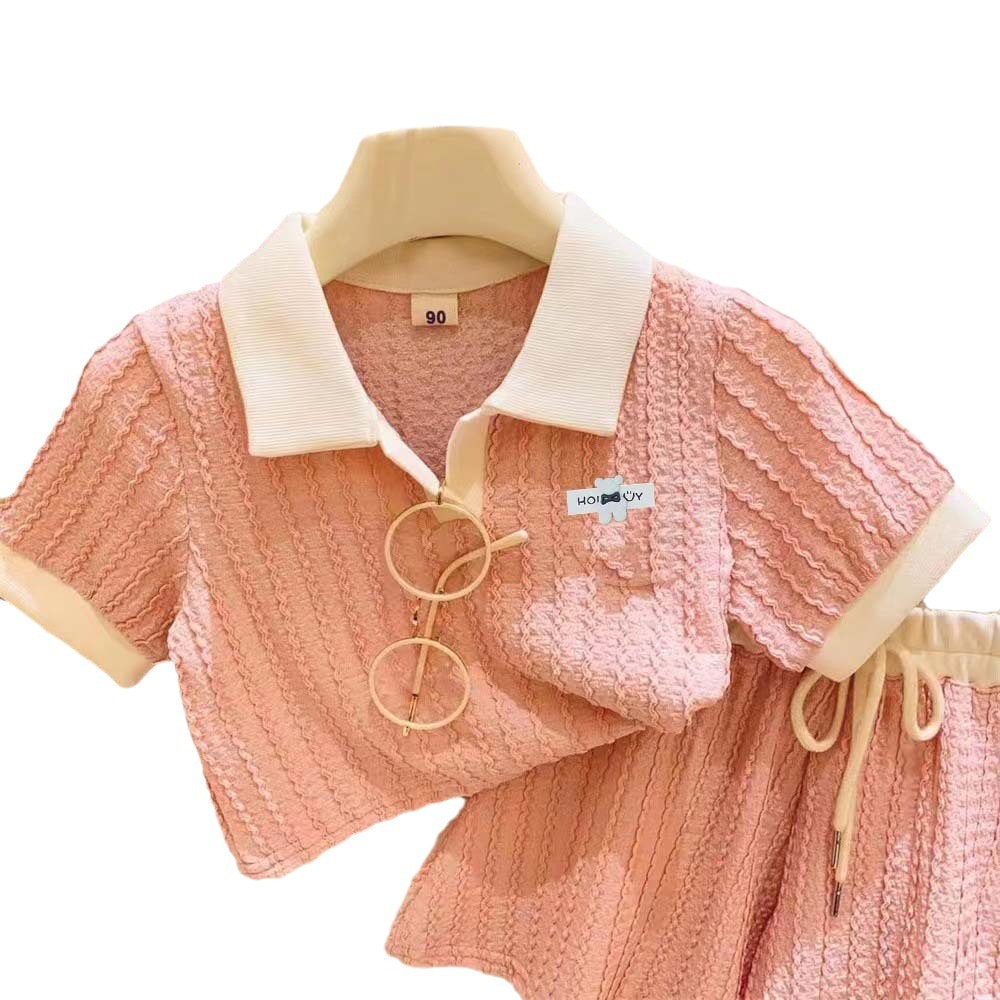 Conjunto de verano para niñas, dos piezas, con pantalones cortos con dobladillo y cuello polo informal, ropa infantil de verano para niñas.