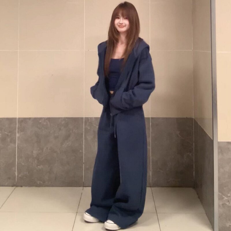 Navy blue autumn outerwear sports suit women's sweatshirt 2026 new style petite pants Korean style outfit complete set