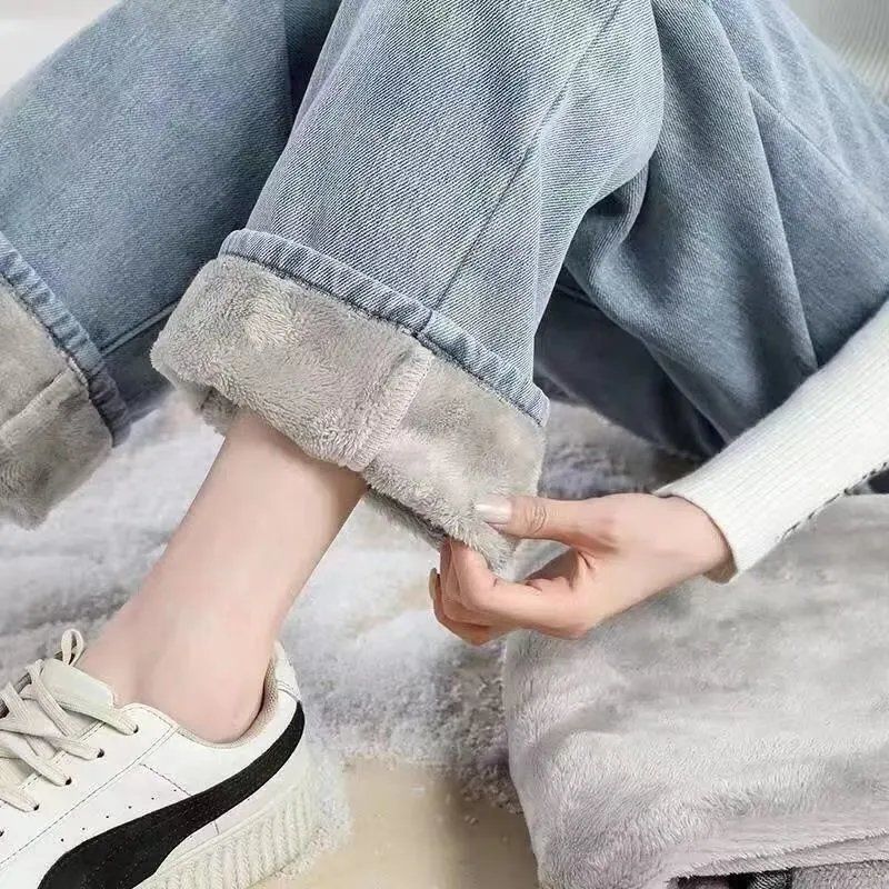 加绒加厚2025牛仔裤女冬季新款高腰女式宽松显瘦保暖直筒阔腿|undefined