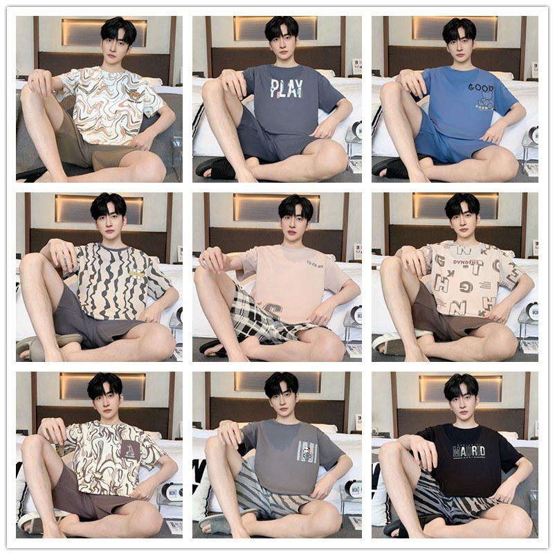 2024 algodón de punto de verano 6535 hombre cuello redondo mangas cortas pantalones cortos pijamas sueltos ropa casera casera