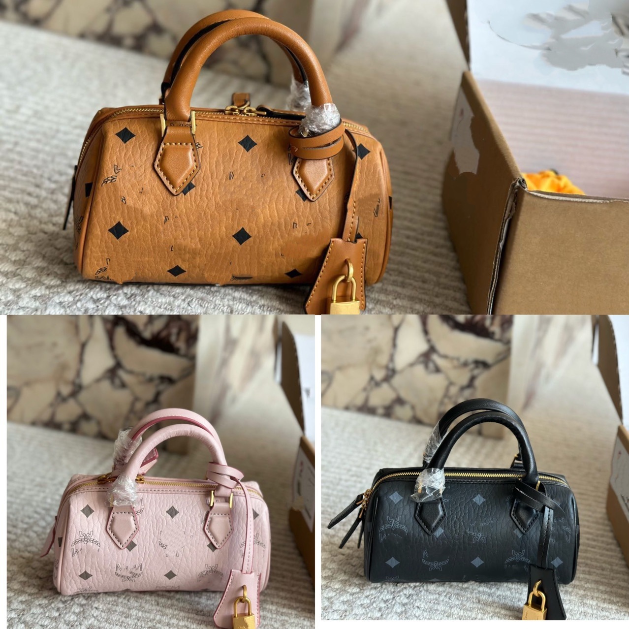 Qadın üçün mini Boston çanta, monogram çap və qızıl qıfıllı