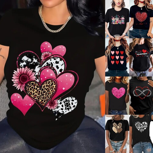 TEMU Free Shipping Women's Short Sleeve Amazon AliExpress Shopee Western Valentine's Day Heart Crew Neck Top