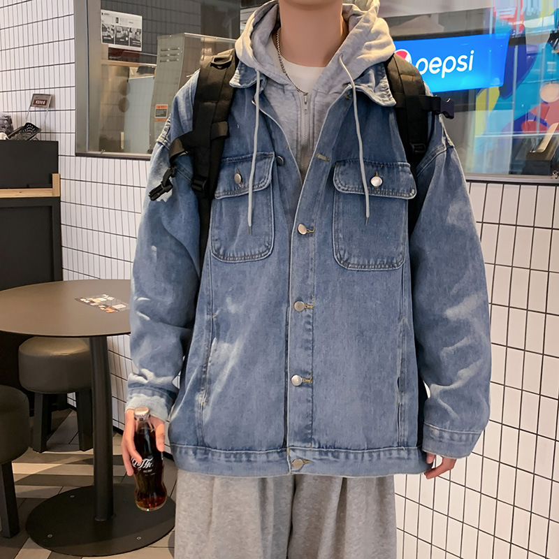 Primavera y otoño Denim abrigo de los hombres de estilo coreano de moda cremallera con capucha superior japonés estilo de Hong Kong moda falsa chaqueta con capucha de dos piezas