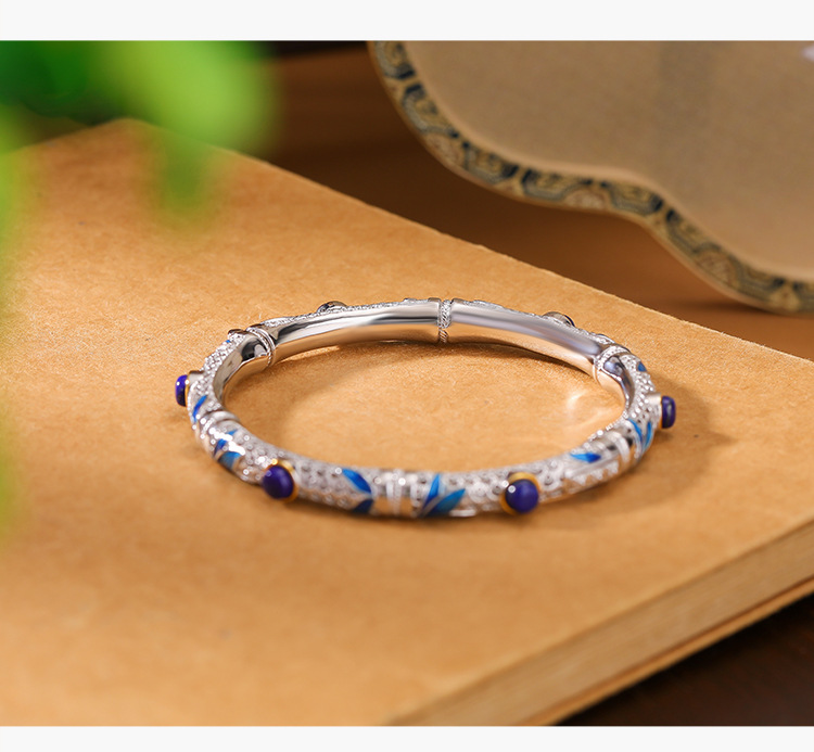 Vòng tay bạc S925 mạ vàng hạt Lapis lazuli phong cách cổ điển họa tiết tre lá rỗng — Các mặt có thể được mở (khoảng 21.5 gram) chi tiết 3