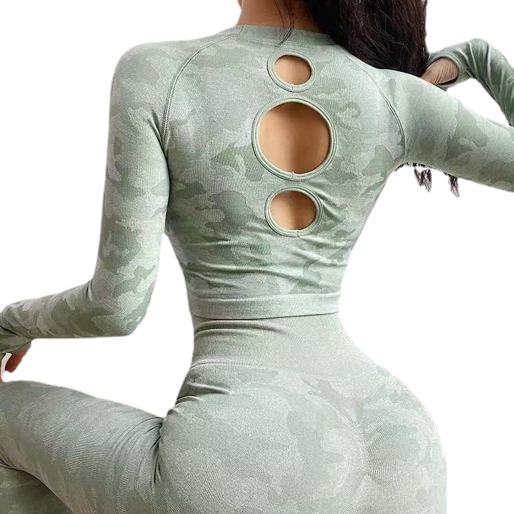 欧美迷彩长袖套装女上衣+高腰裤 弹修身健身瑜伽运动两件套