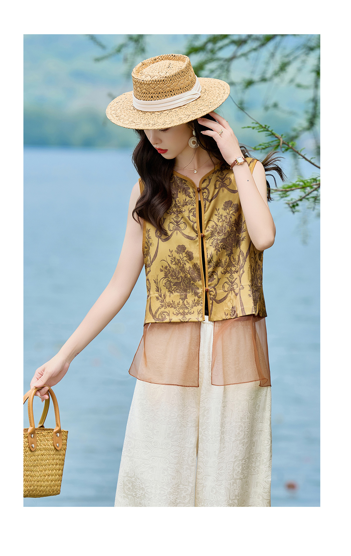 Bộ áo vest gile in họa tiết và quần ống suông phối đồ vintage nữ — Bầu hồ lô, Màu vàng chảy chi tiết 21