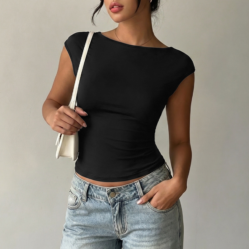 【Baifen Clothing】Temu2026 New French Style Mature Chic Boat Neck Backless Lace Slim Fit Sleeveless Top for Women