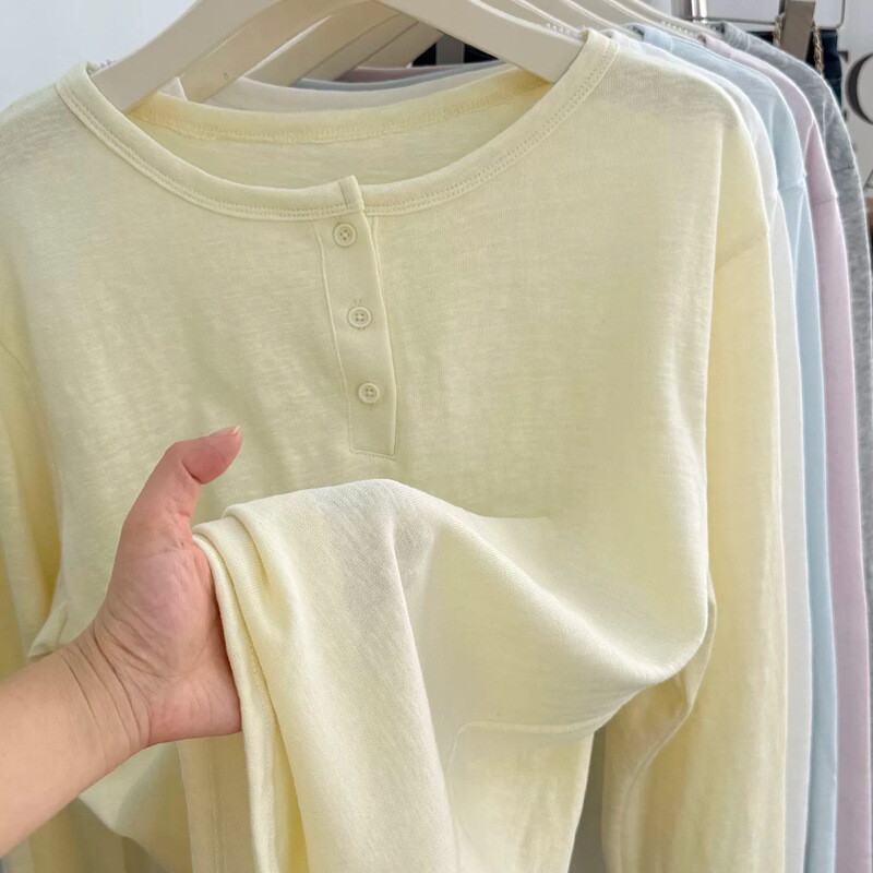 Early Autumn Plus Size 100kg Henley Collar Bamboo Cotton Solid Color Casual Versatile Thin Slightly Sheer Long Sleeve T-Shirt for Women