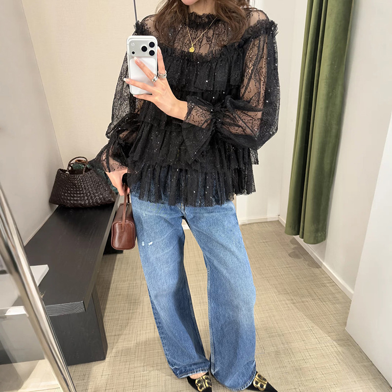 French-Style Niche 2026 Early Spring Black Lace Sequin Multi-Layered Patchwork Ruffle Soft Mesh Top Ys149 French-Style Niche 2026 Early Spring Black Lace Sequin Multi-Layered Patchwork Ruffle Soft Mesh Top Ys149