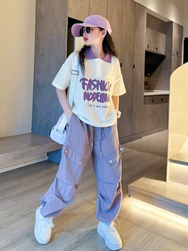 Kids' Clothing for Girls—Summer Fashionable 2024 New Arrival Mid-to-Large Size Korean-Style Stylish Lettered Casual Loose Two-Piece Set