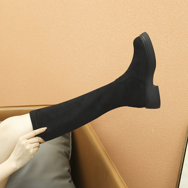 丝滑绒面长靴女2023秋冬款长筒靴复古弹力骑士靴腿精显瘦高筒靴子