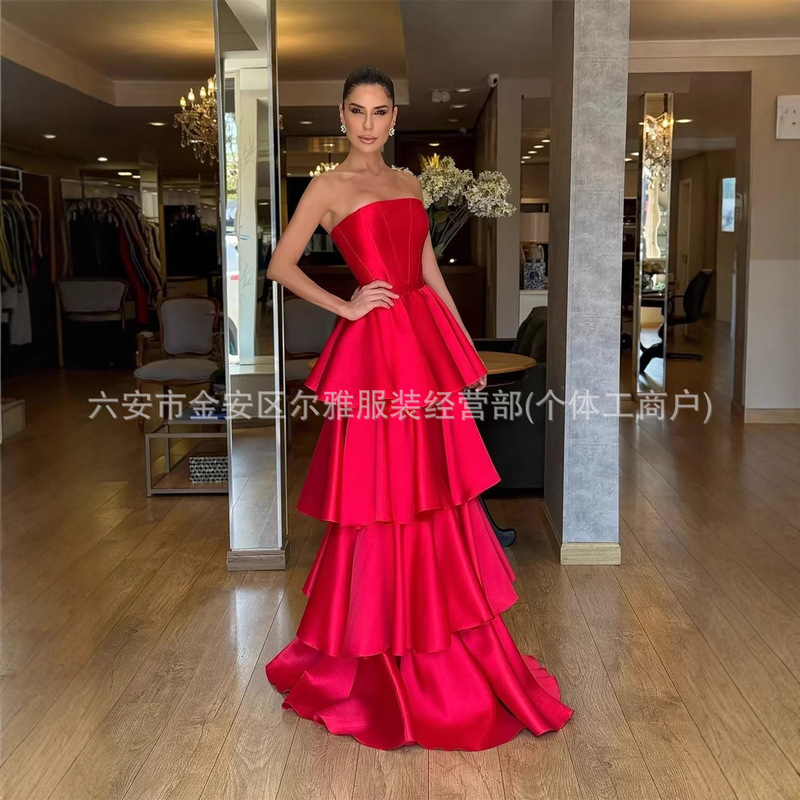 Red Layered Satin A-Line Prom Dress 2026 Elegant Long Evening Gown Cross-Border European and American Aliexpress Supply