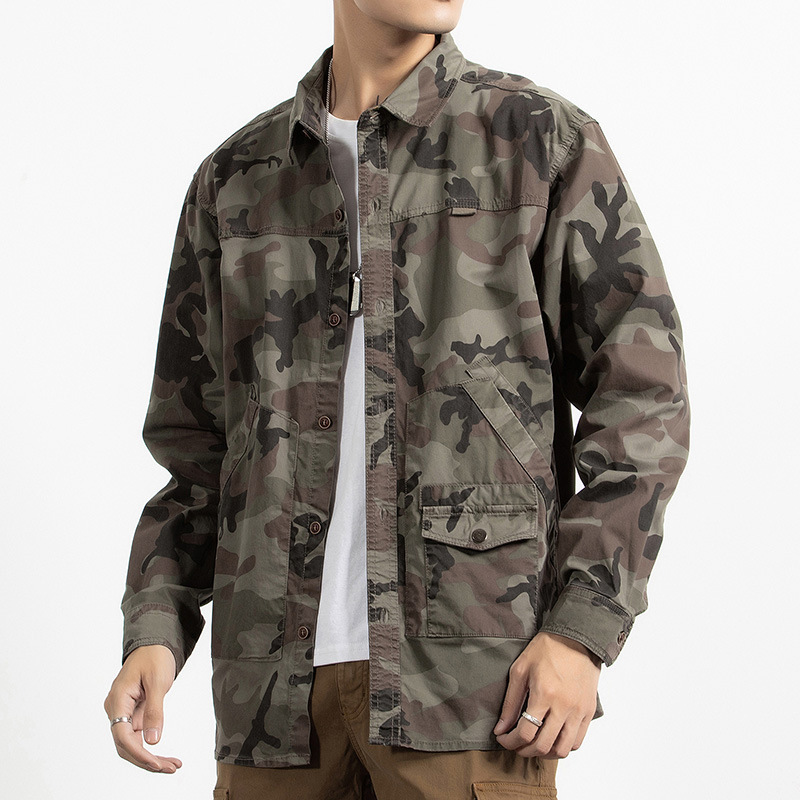Army Green Camouflage Clothing Off-road Style Long-sleeved Shirt Men's Outdoor Multi-bag Tooling Youth Long-sleeved Shirt Casual Pure Cotton