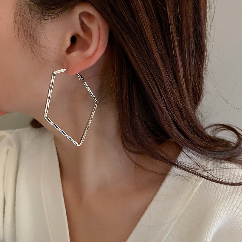 Fashion Silver Color Metal Geometric Pentagonal Stud Earrings