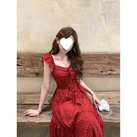 红色波点小飞袖吊带连衣裙子女装夏季2026新款蝴蝶结露背长裙