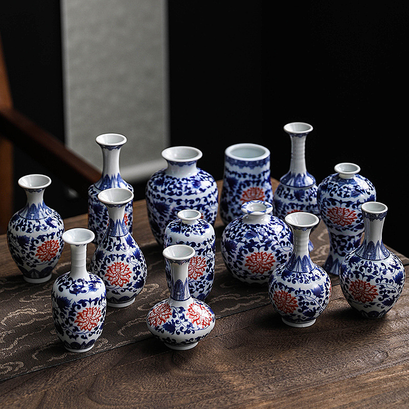 New Mini Small Vase Antique Blue and Flowers with Branches and Flowers Glaze Red Small Flowers Tea Ceremony Hydroponic Ornaments Decoration