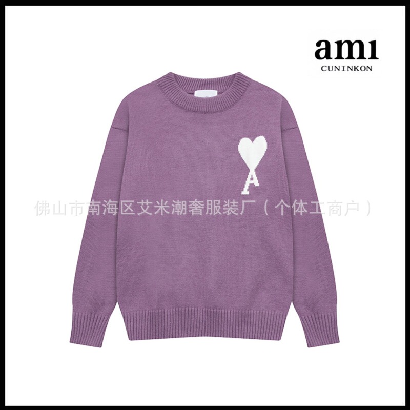AMI クラウド ジャカード セーター ビッグ ラブ刺繍 ユニセックス ラウンドネック セーター カシミア混 ソフトワックス トップ|undefined