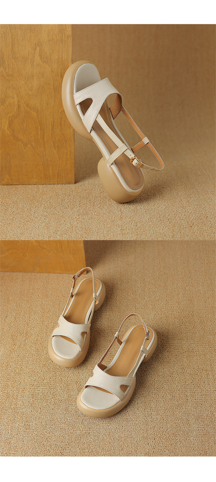 Sandal nữ da cừu hở ngón gót thô quai ngang đế dày phong cách La Mã — Màu trắng be chi tiết 13