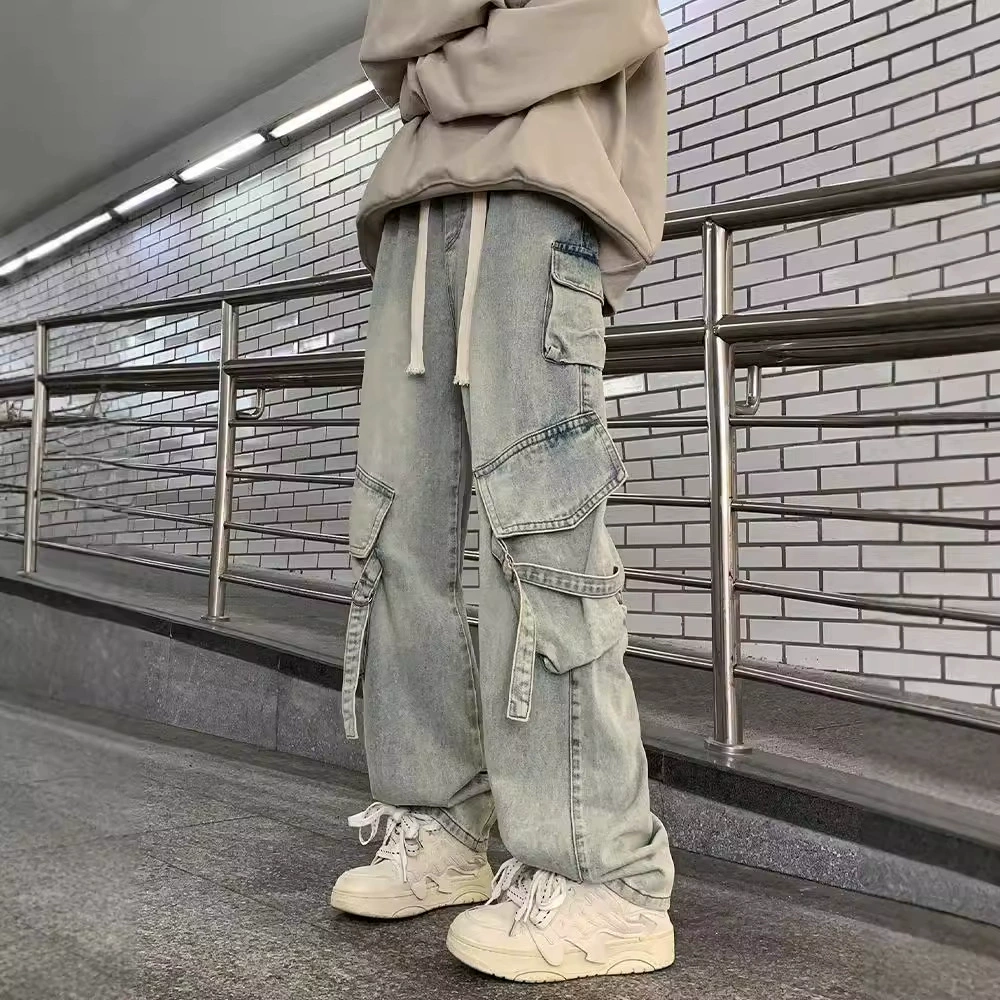 Американские высокие улицы мульти-карманные джинсы для мужчин и женщин весной и осенью летом тонкие свободные прямые широкие брюки для отдыха