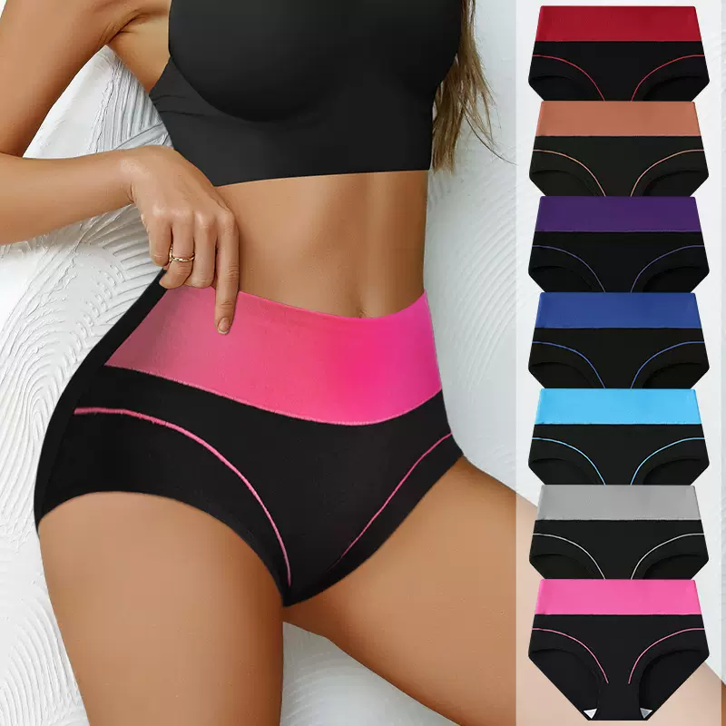 欧美跨境撞色拼接内裤女高腰日常女士三角裤女纯绵裆透气高腰透气