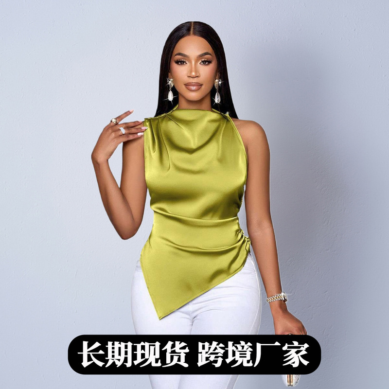 Foreign Trade Amazon Cross-Border European and American Independent Site Women's Satin Shirt Autumn Asymmetrical Design Niche Shirt