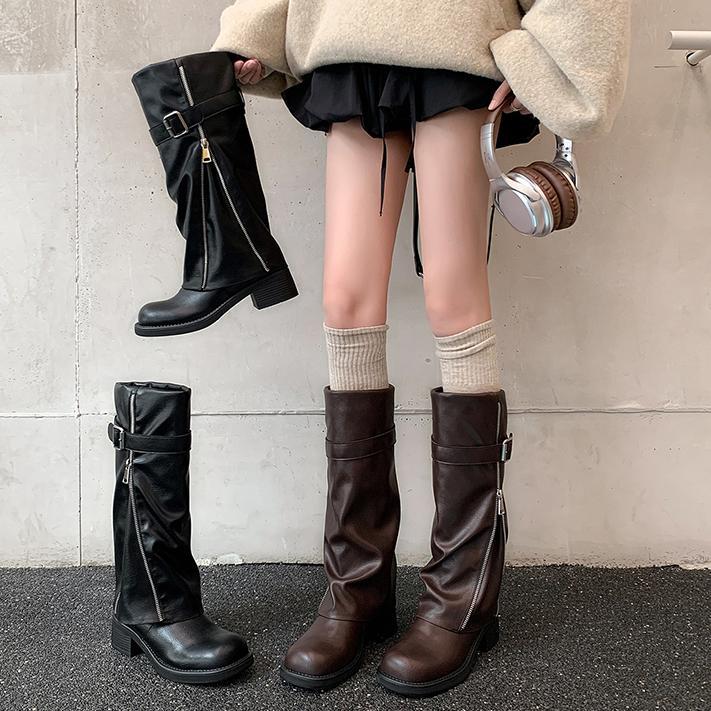 Boot nữ cổ cao ôm bắp chân da thật mũi tròn gót vuông Chunky khóa thắt lưng — màu đen, nâu đậm