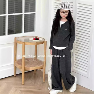 2025 Girls Casual Suit Baby Spring & Fall Fashionable Long-Sleeved Elegant Soft Waxy Wide-Leg Pants Two-Piece Set