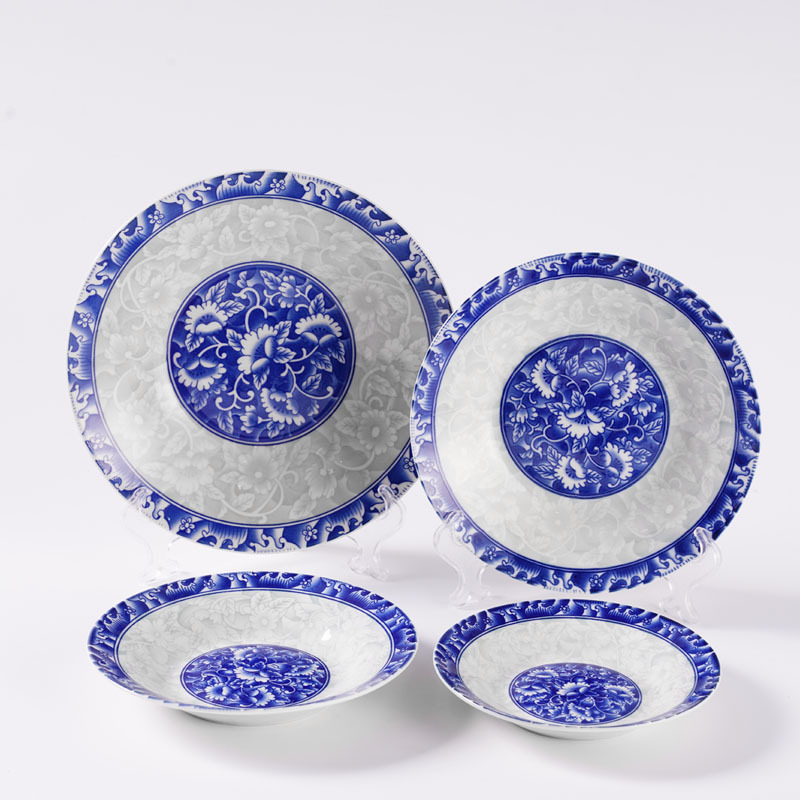 Foreign Trade Export Printed Underglaze Blue and White Porcelain Soup Plate, Microwave and Dishwasher Safe Ceramic Tableware Flat Plate