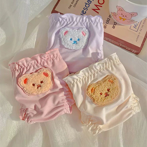 Adorable Bear Cute Girl Heart Ice Silk Underwear for Women Pure Cotton Hip Antibacterial Removable Bowknot Student Low-Rise Triangle Pants