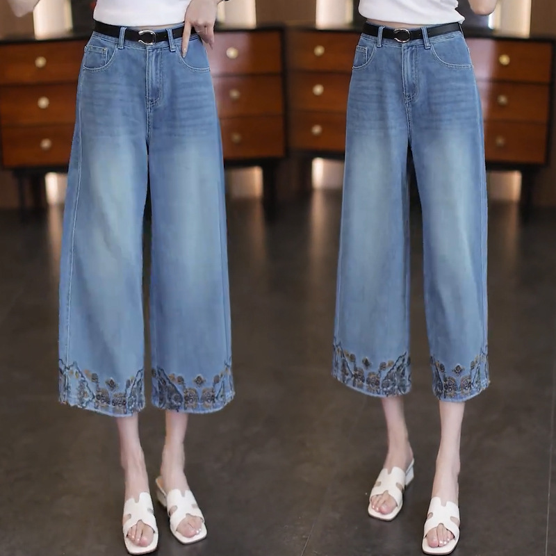 Tencel Soft Denim Thin Wide-Leg Jeans for Women 2025 Summer New High-Waisted Chinese Style Embroidered Eight-Point Straight Pants