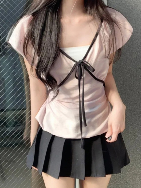 甜美撞色设计感减龄可爱蝴蝶结针织T恤短袖紧身V领显瘦T恤上衣女|undefined
