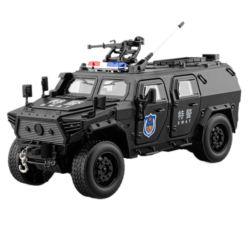 1:20 Coches de policía de aleación de imitación de sonido y luz reales de retroalimentación militar modelo de vehículo blindado de policía especial juguetes para niños