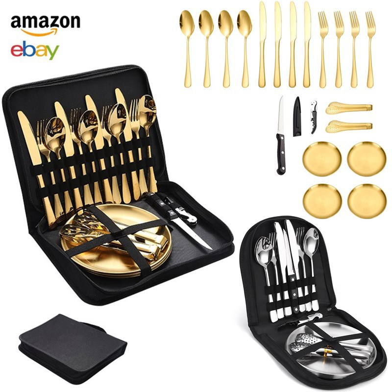 Amazon cuchillo de acero inoxidable, tenedor y cuchara Oro 4-Persona portátil acampar al aire libre barbacoa placa vajilla 20 unidades traje