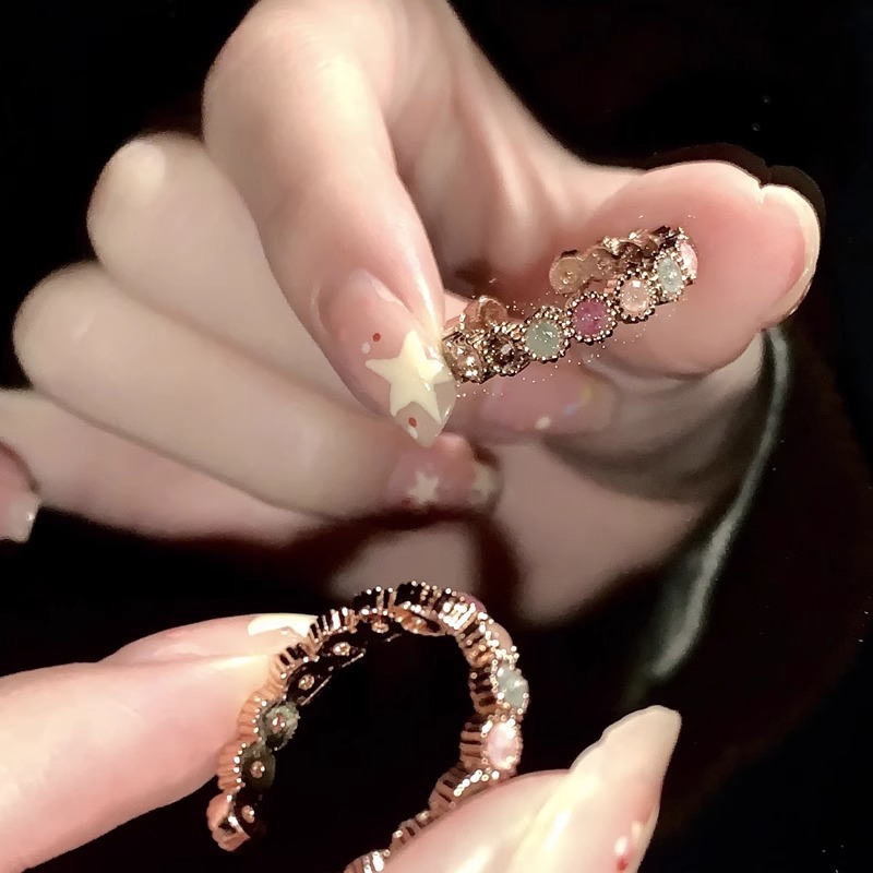 rainbow tourmaline ring female special-interest design opening adjustable ring ins fengcai rhinestone jewelry advanced sense ring