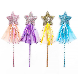 Cross-Border Five-Pointed Star Fairy Wand Halloween Princess Magic Wand with Gauze Star Hand Wand Tassel Sequin Cat Teasing Props