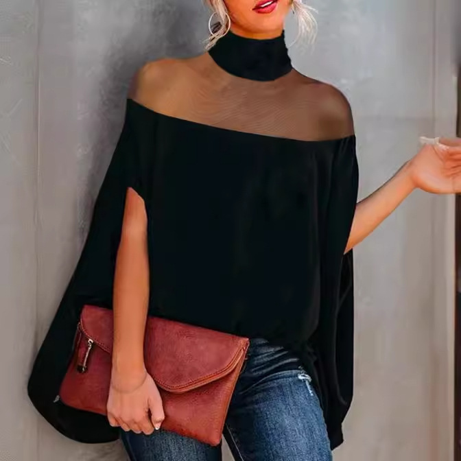 2025 European and American Cross-Border Four-Season Off-Shoulder Cross-Body Shoulder Cape-Shaped Loose Bat Shirt Top T-Shirt in Stock