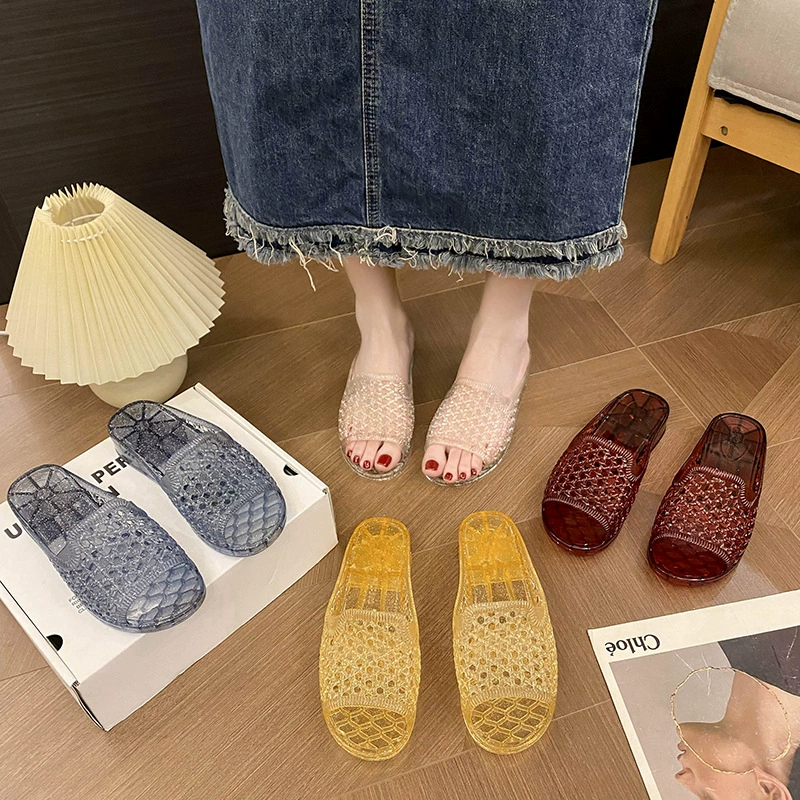 Внешняя торговля хрустальные пластиковые тапочки женская летняя мода носить нескользкие полые замороженные туфли повседневные пляжные сандалии