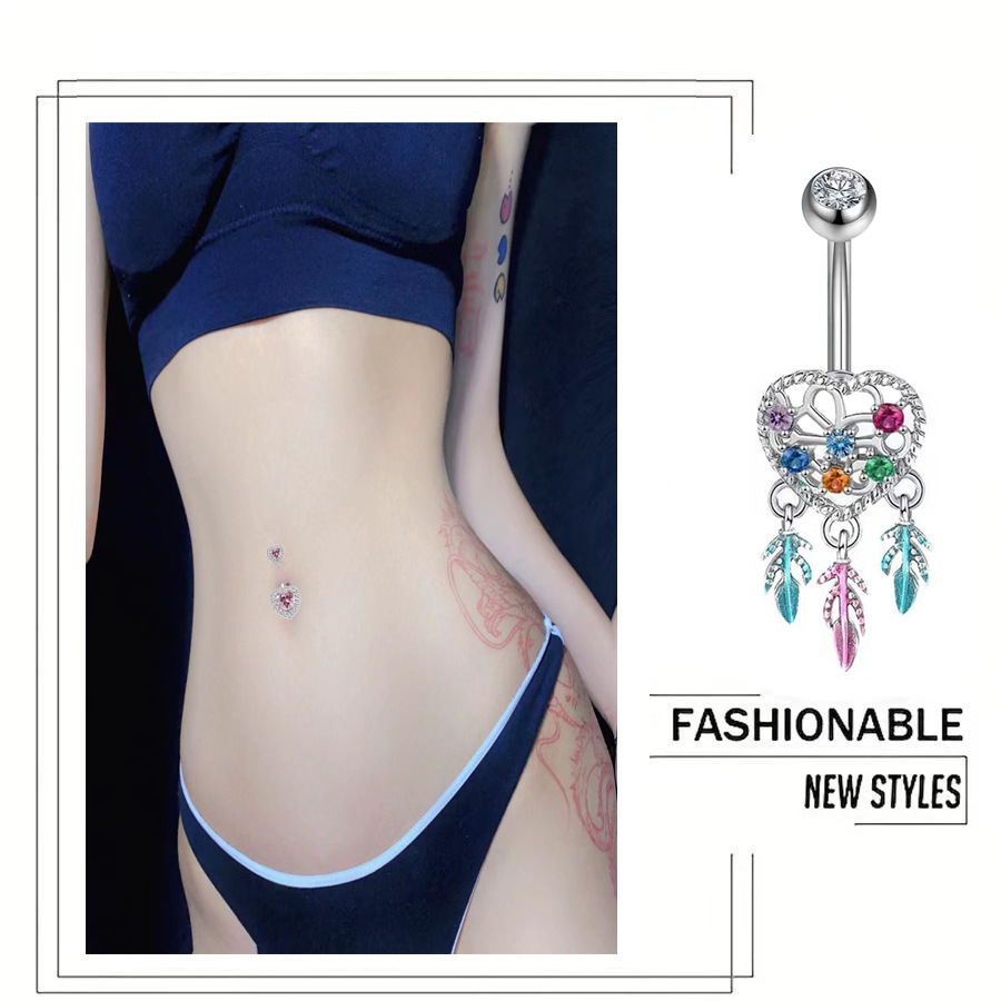 Heart-shaped Zirconia Feather Belly Button Ring For Women_voghion.com