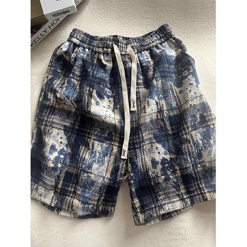 Casual Straight Leg Tie Dye Plaid Shorts For Men And Women Loose Fitting Five Point Beach Pants High Street Fashion Summer_viptrois.com