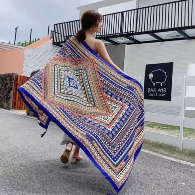 Sopa de satén de twill para mujeres 2025 bufandas de viento nacional de verano tibetanas bufandas de seda protector solar lago Qinghai turismo foto toalla de playa