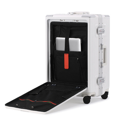 New front opening multi-functional travel suitcase with aluminum frame pull handle, USB charging port, foldable cup holder, and carry-on approved.