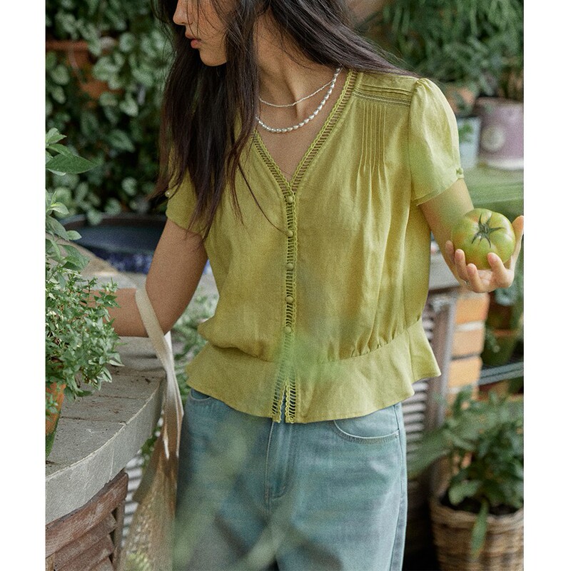 Soljghter French Lyocell V-Neck Ruffled Shirt Lace Waist Shirt