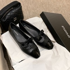 葡萄妈同款现货~经典拼色小香风蝴蝶结通勤百搭方头玛丽珍单鞋
