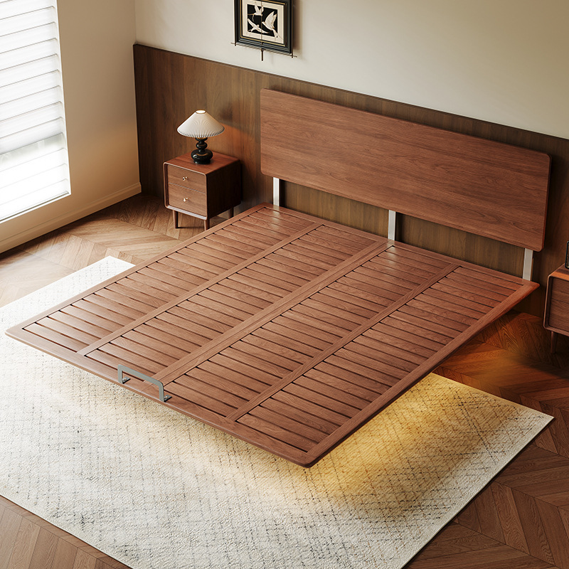 Walnut Thin Bedside Suspended Bed Small Apartment Master Bedroom Solid Wood Bed with Adjustable Thin Backrest Row Frame Bed