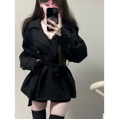 英伦风短款风衣黑色双排扣女小个子秋冬收腰小香风外套赫本风