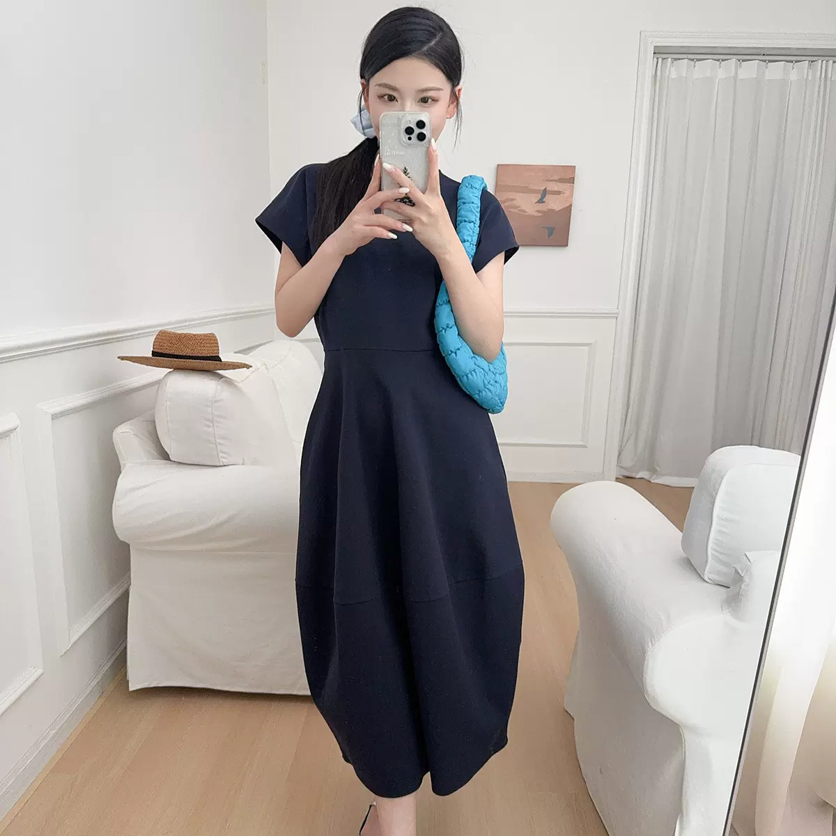 C家修身版型收腰连衣裙藏青色25秋季新品短袖修身裙子 1275075005