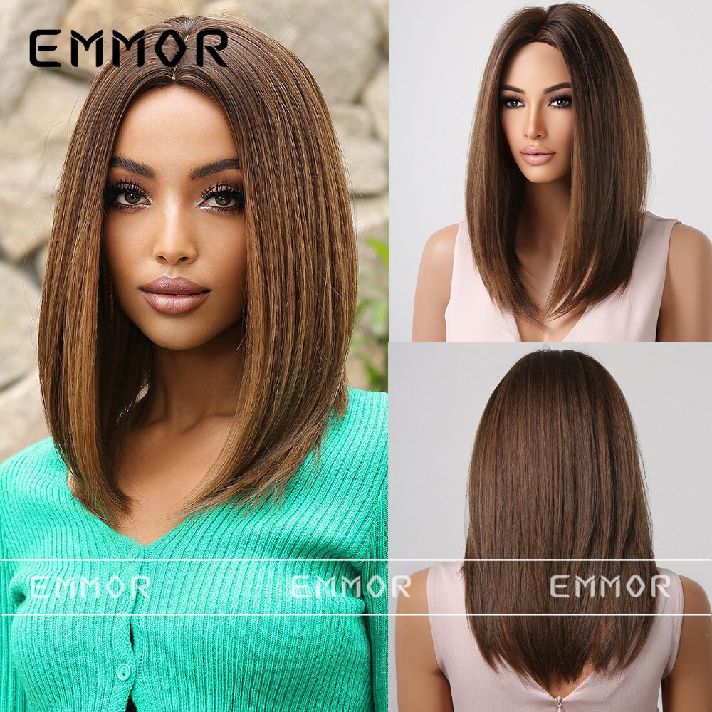 Elegante reina estilo europeo y americano estilo de las mujeres peluca marrón medio color mezclado pelo corto recto onda cabeza peluca hembra cabeza cubierta