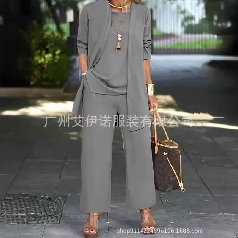 temu.卖现货纯色开叉圆领无袖背心上衣长袖开衫外套阔腿裤套装女|undefined