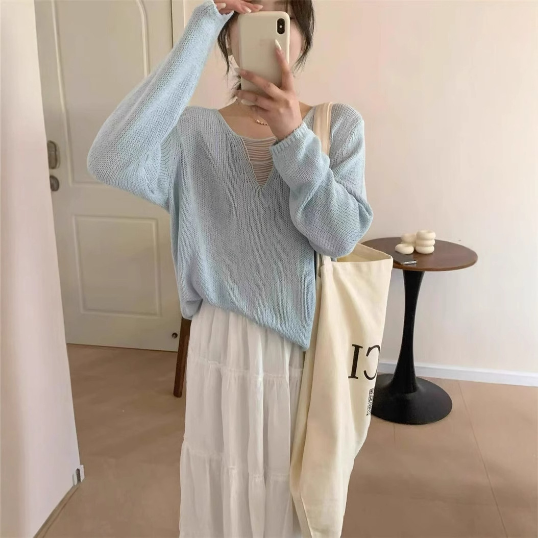 2025 primavera y verano nuevo estilo coreano simple cuello en V diseño hueco suelto casual todo-fósforo protector solar fino top de punto image 4