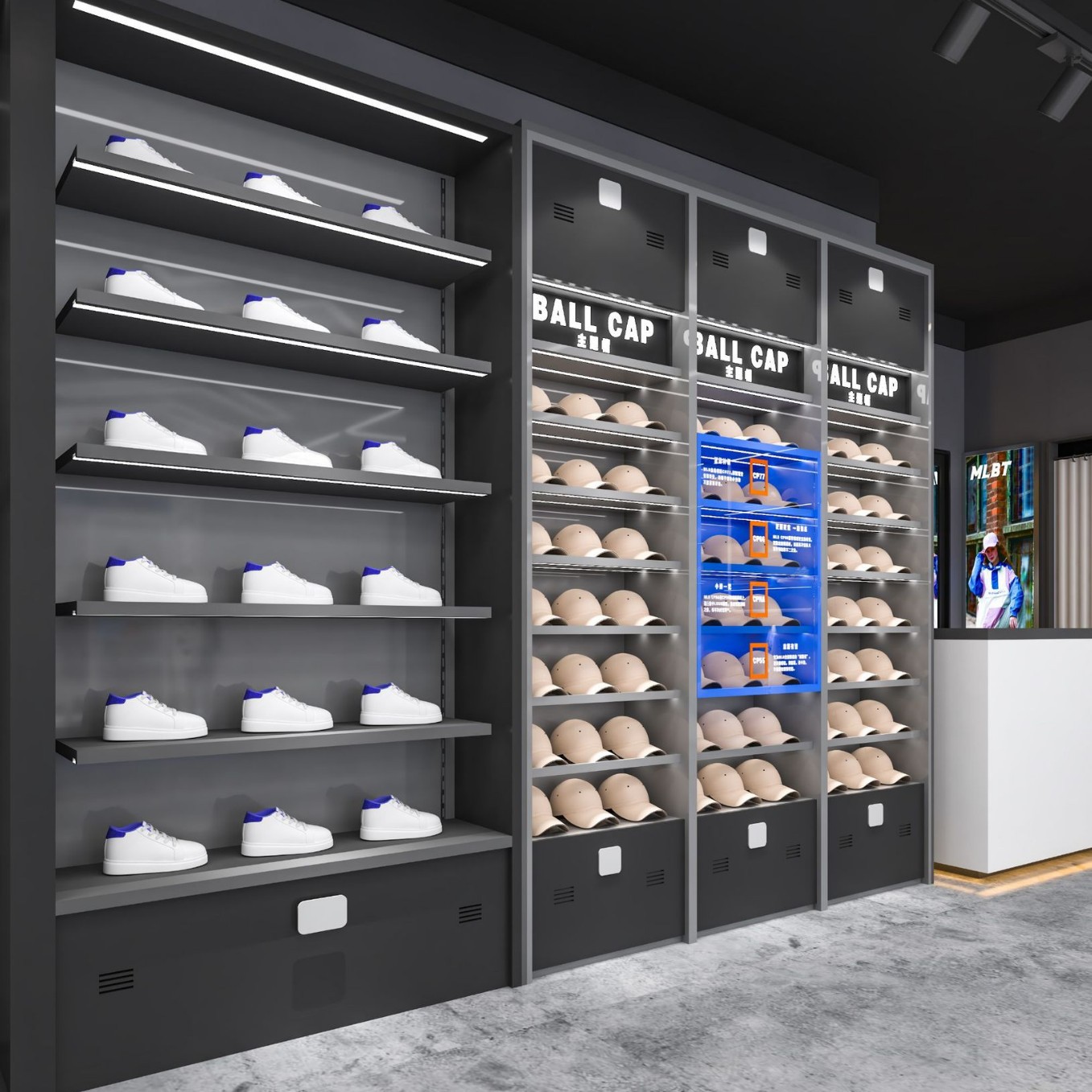 con lámpara en la pared de la tienda de ropa de hombre estantes de decoración de la tienda de ropa de alta gama estante de exhibición estante de exhibición tipo piso